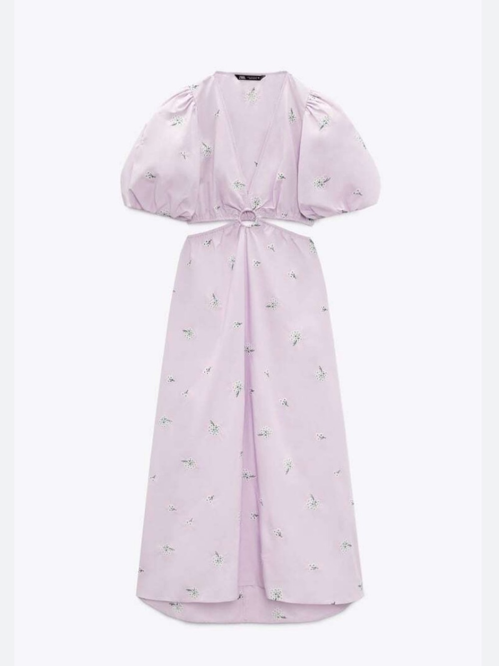 Zara Lilac Floral Puff-Sleeve Cutout Midi Dress